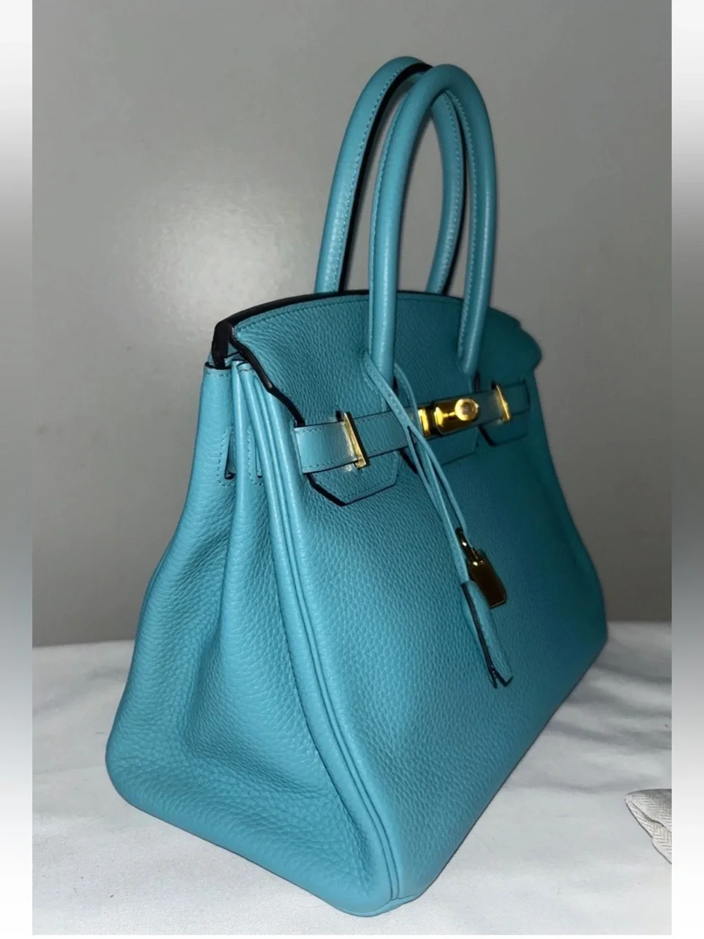 HERMES Birkin 30 Bleu Atoll Clemence Leather Gold Hardware Handbag